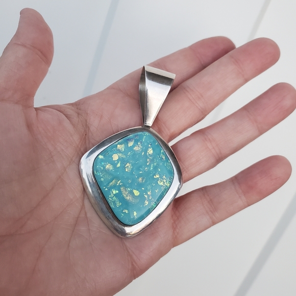 Jay King Turquoise large 925 sterling silver Pendant dtr Shimmery accents - Picture 2 of 6